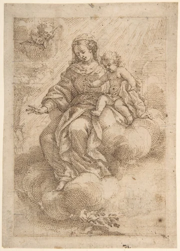 Madonna and Child Seated on Clouds (recto); Madonna and Child in Reverse (verso) by Vicente Salvador Gómez, drawing, 1637-1700