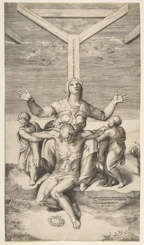 Pietà with Angels in front of the Cross by Giulio Bonasone, print, 1546