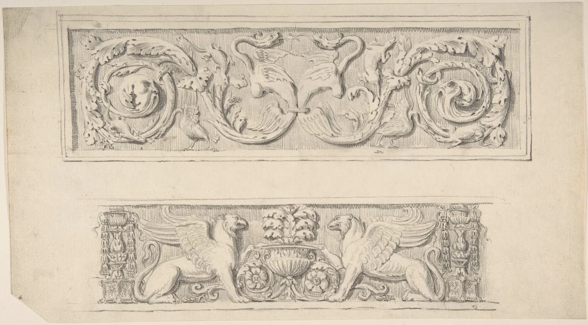 Two Frieze Designs: Decorated with Birds, Reptiles and Vines, Griffins and Vases by Thomas Hardwick, drawing, 1776-1779