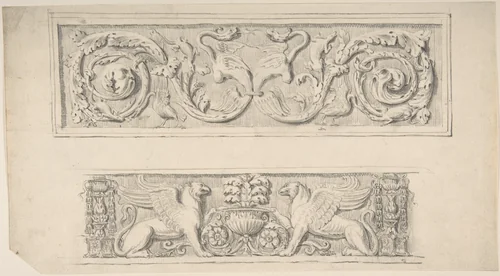 Two Frieze Designs: Decorated with Birds, Reptiles and Vines, Griffins and Vases by Thomas Hardwick, drawing, 1776-1779
