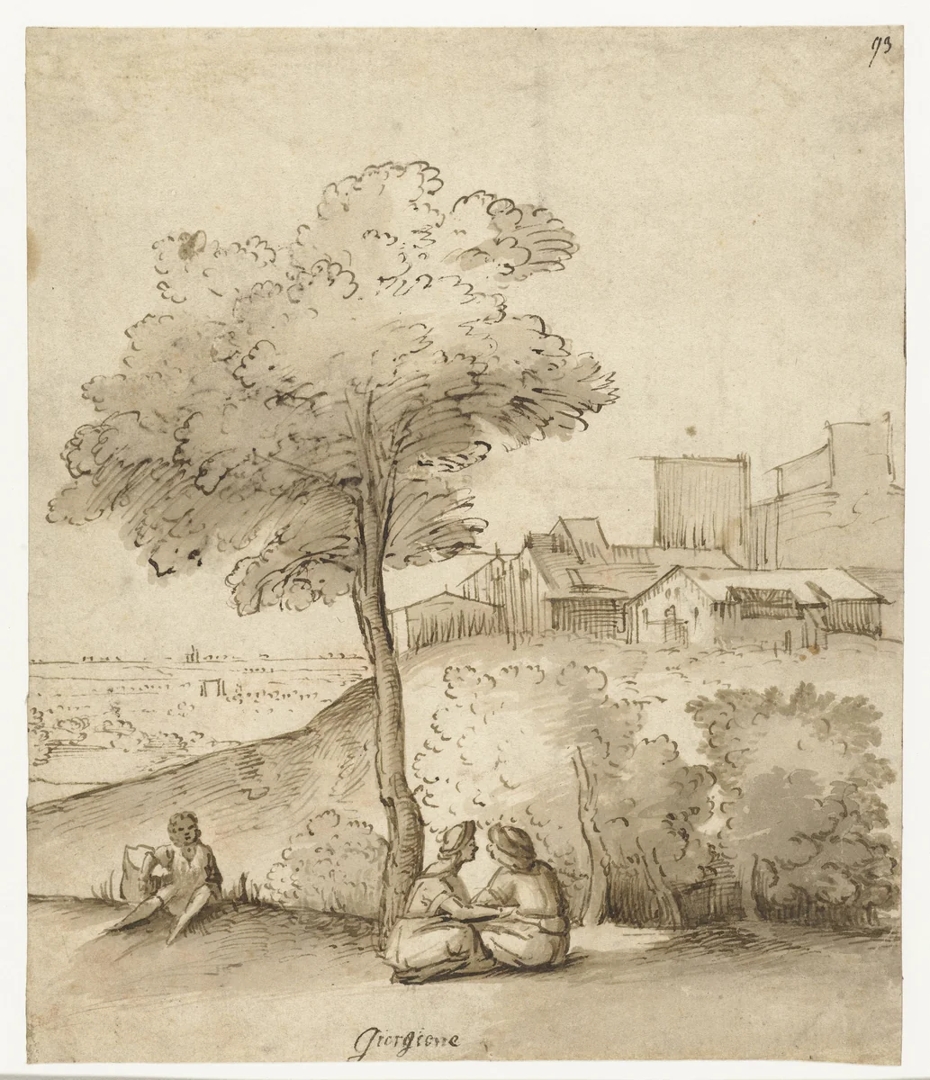 Italiaans landschap met enkele figuren onder een boom by anonymous, drawing, 1600-1699