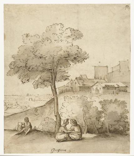 Italiaans landschap met enkele figuren onder een boom by anonymous, drawing, 1600-1699