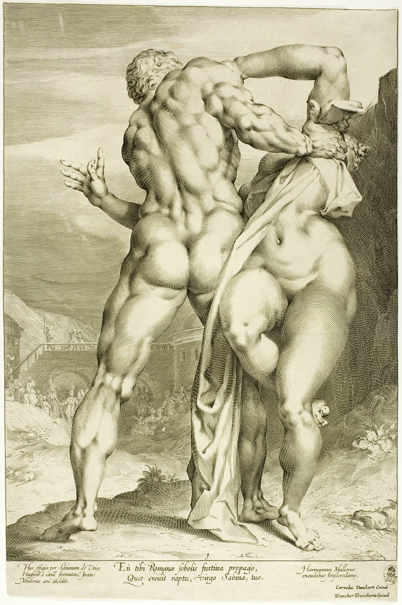 The Rape of a Sabine Woman, View from Behind by Jan Harmensz. Muller, print, 1593-1603