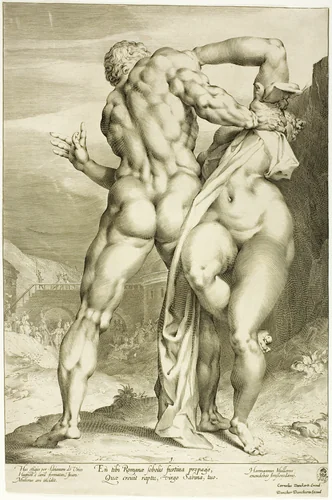 The Rape of a Sabine Woman, View from Behind by Jan Harmensz. Muller, print, 1593-1603