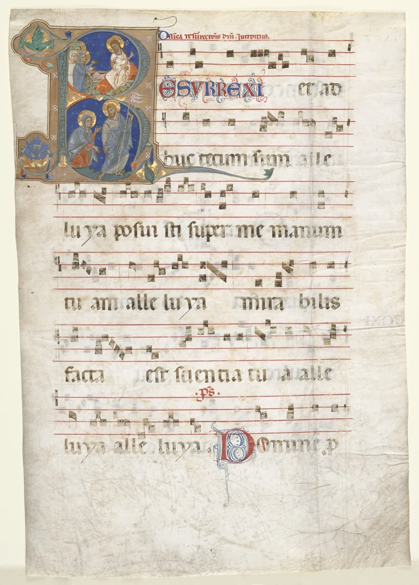 Leaf from a Gradual: Initial (R) with the Three Marys at the Tomb and "Noli me Tangere" by Unknown, manuscript, 1265-1305
