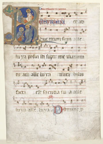 Leaf from a Gradual: Initial (R) with the Three Marys at the Tomb and "Noli me Tangere" by Unknown, manuscript, 1265-1305