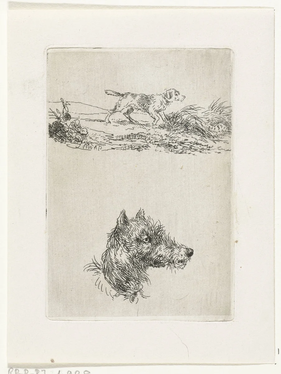 Hondekop en hond in landschap by Guillaume Anne van der Brugghen, print, 1856