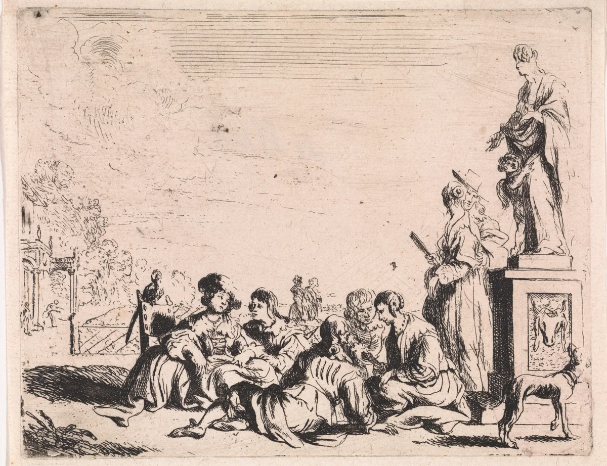 Elegant gezelschap in tuin by Cornelis de Wael, print, 1633-1648