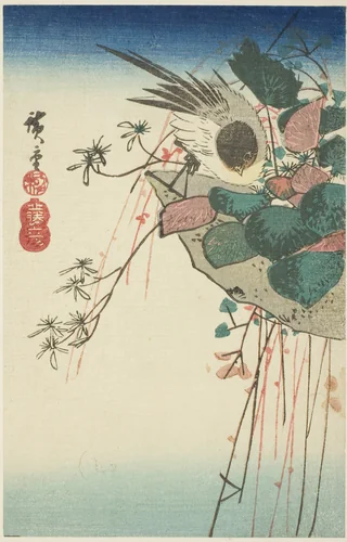 Sparrow on a hanging planter by Utagawa Hiroshige (歌川広重), print