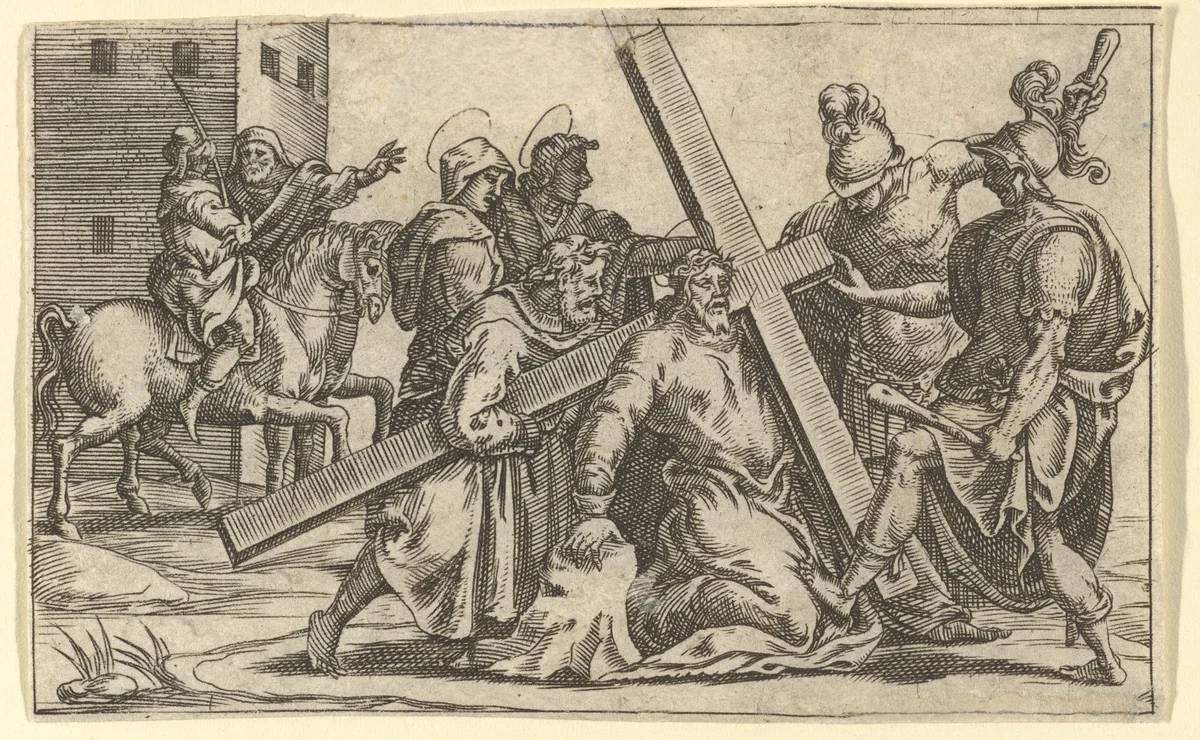 The Virgin of Sorrows: Christ Bearing the Cross; one of nine surrounding compartments from the Virgin of Sorrows, now separated by Giorgio Ghisi, print, 1520-1582