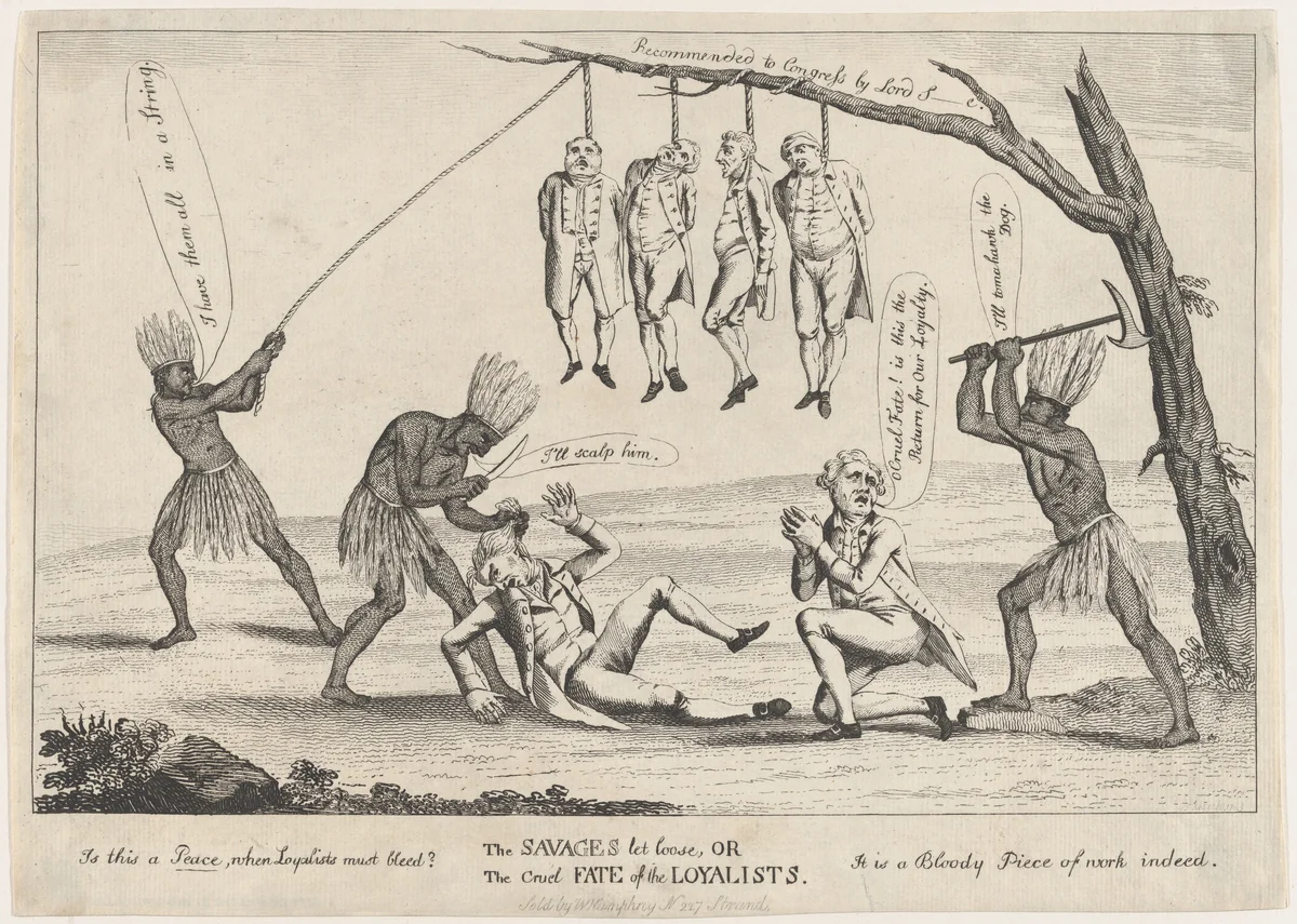 The Savages Let Loose, or the Cruel Fate of the Loyalists by William Humphrey, print, 1783