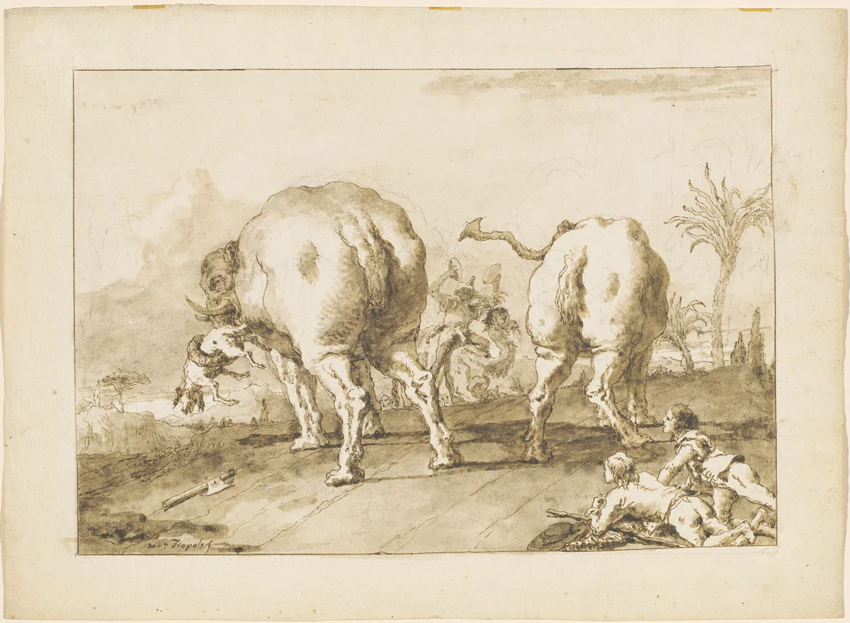 Two Rampaging Elephants by Giovanni Domenico Tiepolo, drawing, 1790-1792