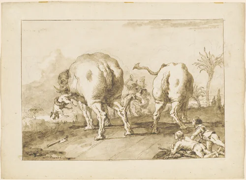 Two Rampaging Elephants by Giovanni Domenico Tiepolo, drawing, 1790-1792