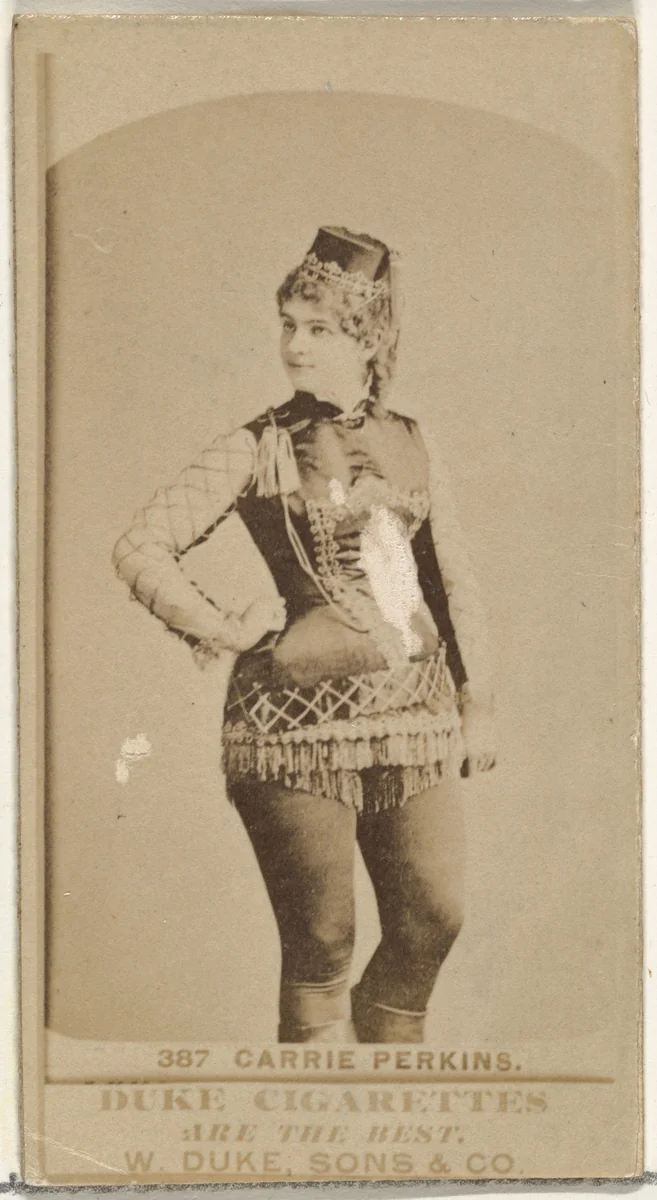 Card Number 387, Carrie Perkins, from the Actors and Actresses series (N145-7) issued by Duke Sons & Co. to promote Duke Cigarettes by W. Duke, Sons & Co., photograph, 1880-1889