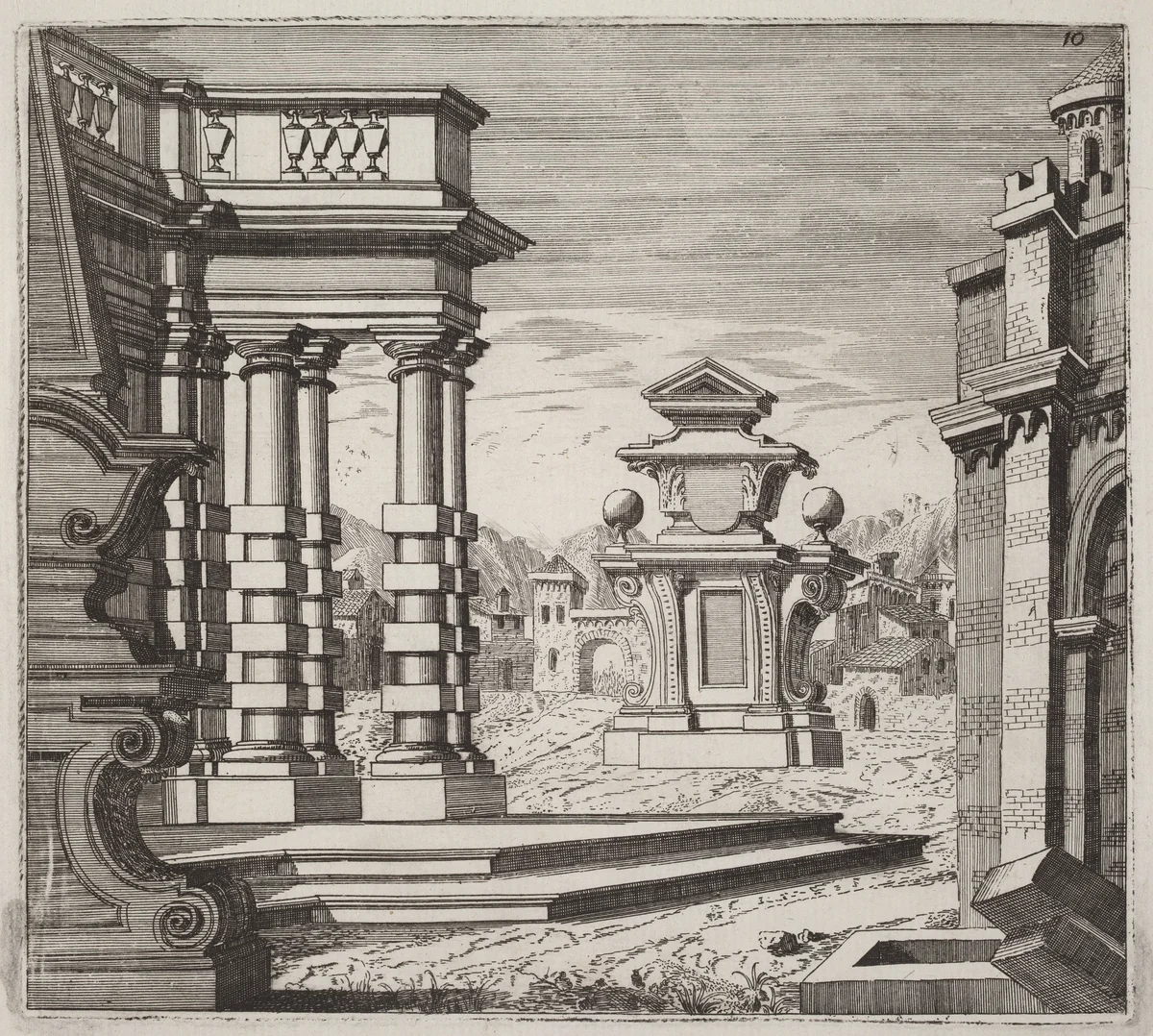 Architectural Fantasy with Portals and Monuments by Giuseppe Antonio Landi, print, 1719-1753