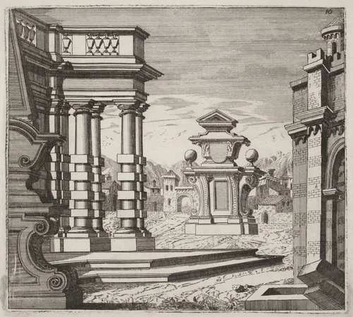Architectural Fantasy with Portals and Monuments by Giuseppe Antonio Landi, print, 1719-1753