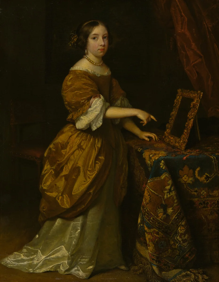 Girl Standing before a Mirror by Caspar Netscher, painting, 1668