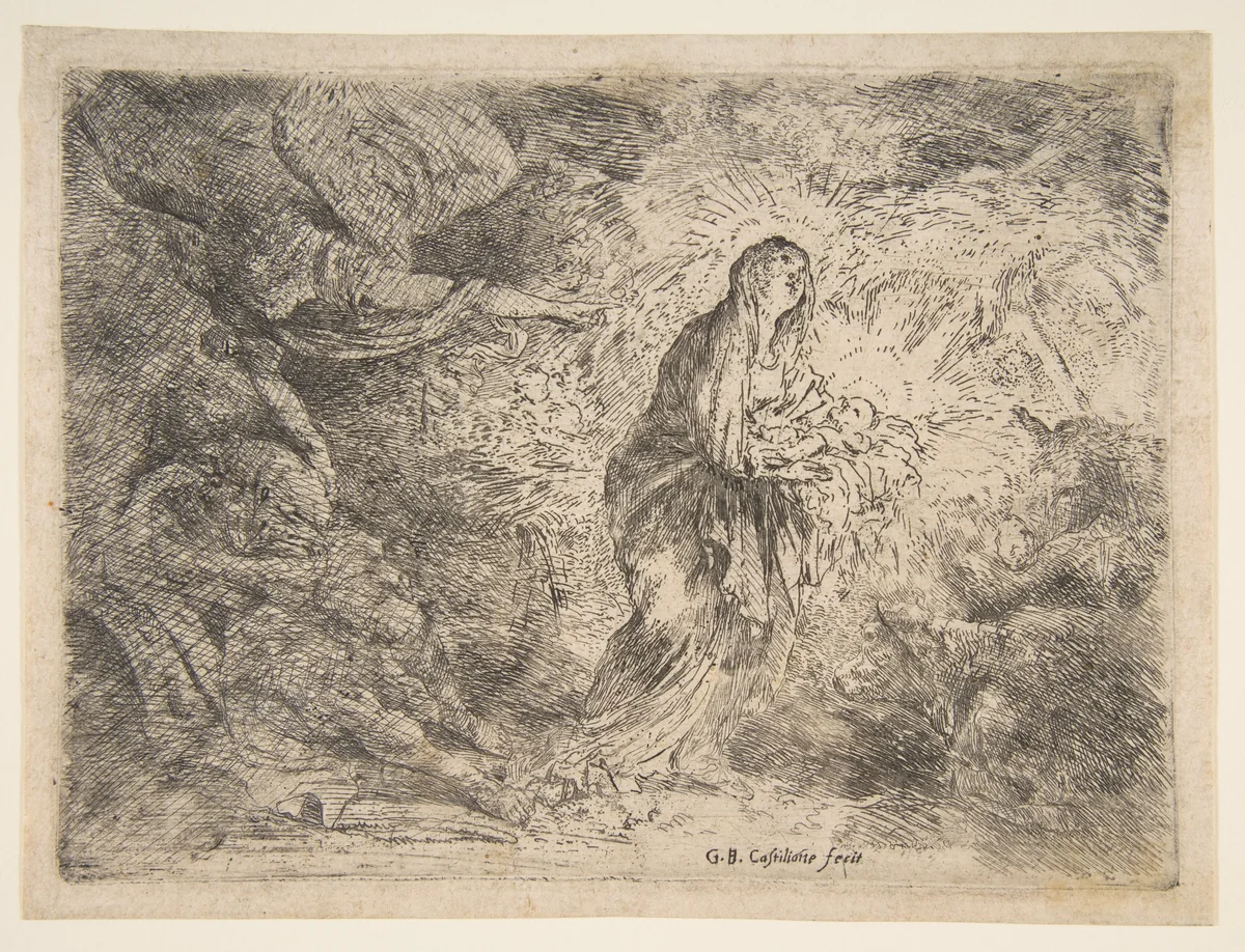 The angel awakening Joseph to the presence of the Virgin and Child by Giovanni Benedetto Castiglione, print, 1640-1654