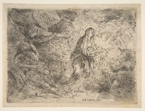 The angel awakening Joseph to the presence of the Virgin and Child by Giovanni Benedetto Castiglione, print, 1640-1654