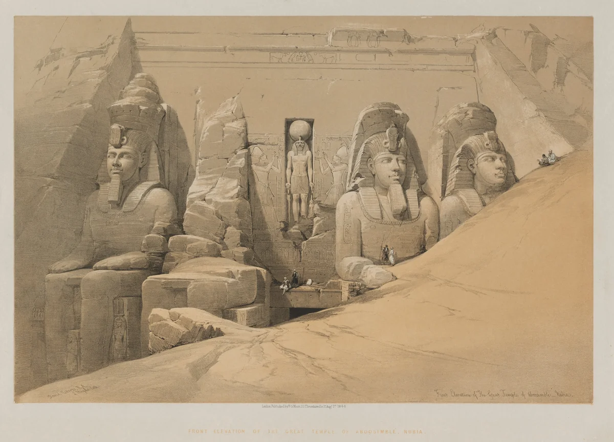 Egypt and Nubia, Volume II: Front Elevation of the Great Temple of Aboo Simbel, Nubia by Louis Haghe, print, 1848