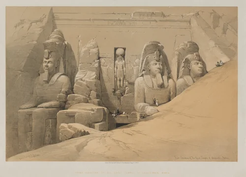 Egypt and Nubia, Volume II: Front Elevation of the Great Temple of Aboo Simbel, Nubia by Louis Haghe, print, 1848