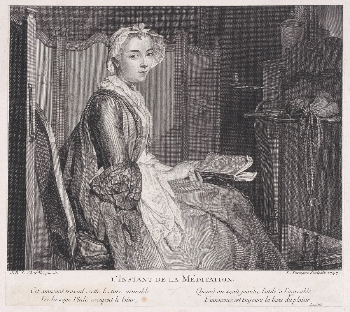 The Moment of Meditation by Louis Surugue, print, 1747