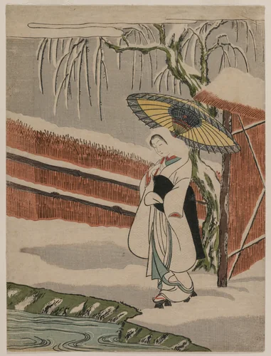 The Heron Maiden Standing Beneath a Willow Tree by Suzuki Harunobu (鈴木春信), print, 1868-1912