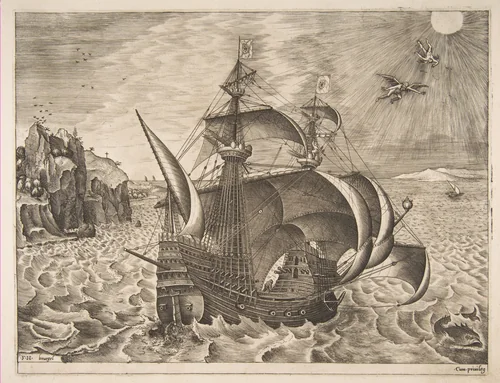 Armed Three-master with Daedalus and Icarus in the Sky from The Sailing Vessels by Pieter Bruegel, print, 1561-1565