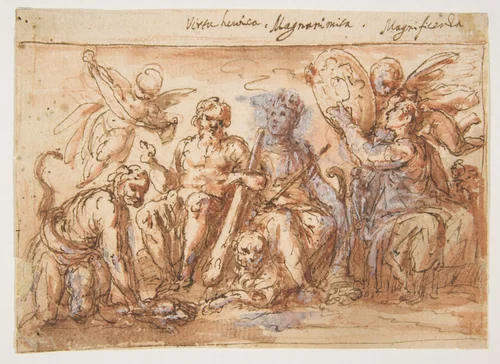 Allegorical Figures: Force, Hercules Strangling the Hydra, Plenty, and Fame by Bernardino Rodriguez, drawing, 1600-1650