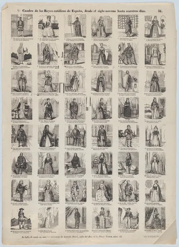 Broadside with 48 scenes depicting the kings and queens of Spain by Antonio Bosch, print, 1855-1865