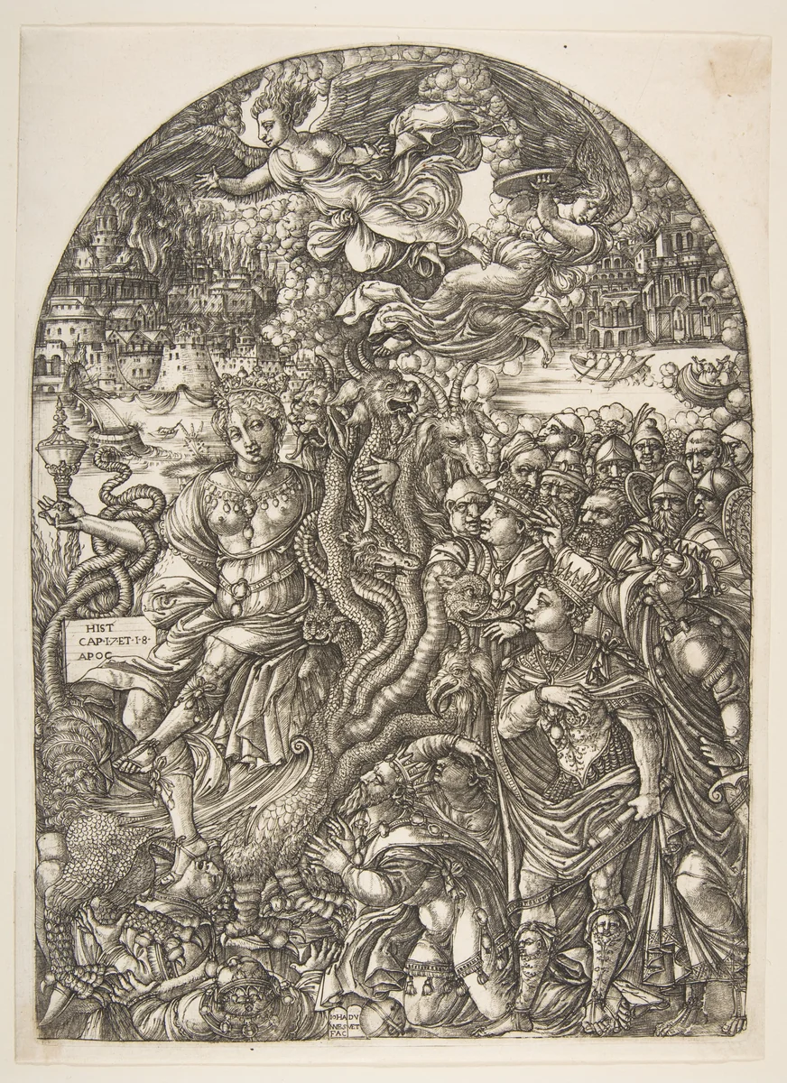 The Babylon Harlot seated on the Seven-Headed Beast, from the Apocalypse by Jean Duvet, print, 1480-1570