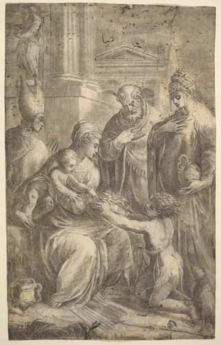 Various Saints Witnessing John the Baptist's Homage to the Infant Christ by Andrea Schiavone, print, 1520-1570