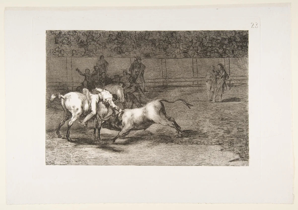 Plate 23 from "La Tauromaquia": Mariano Ceballos, alias the Indian, kills the bull from his horse by Goya, print, 1816