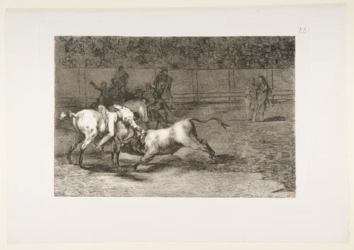 Plate 23 from "La Tauromaquia": Mariano Ceballos, alias the Indian, kills the bull from his horse by Goya, print, 1816