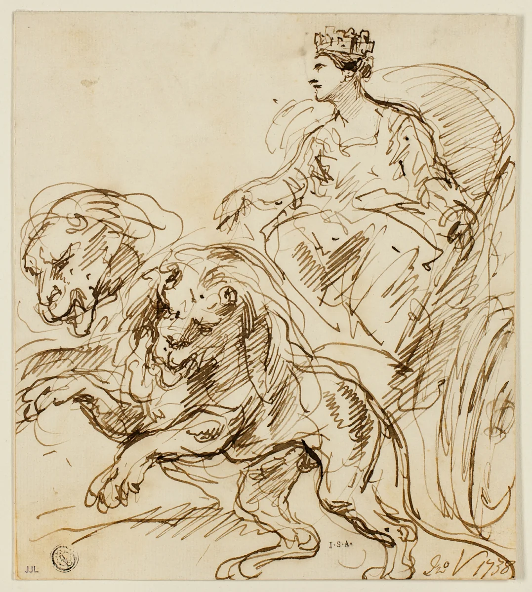 Cybele on Chariot Drawn by Lions by John Vanderbank, drawing, 1738-1739