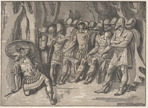 Ajax lower left holding a shield aloft, at the right stands Agamemnon surrounded by his soldiers by Niccolò Vicentino, print, 1540-1550