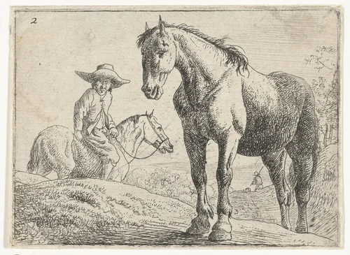 Twee paarden, één met ruiter by Jan van Aken, print, 1624-1700