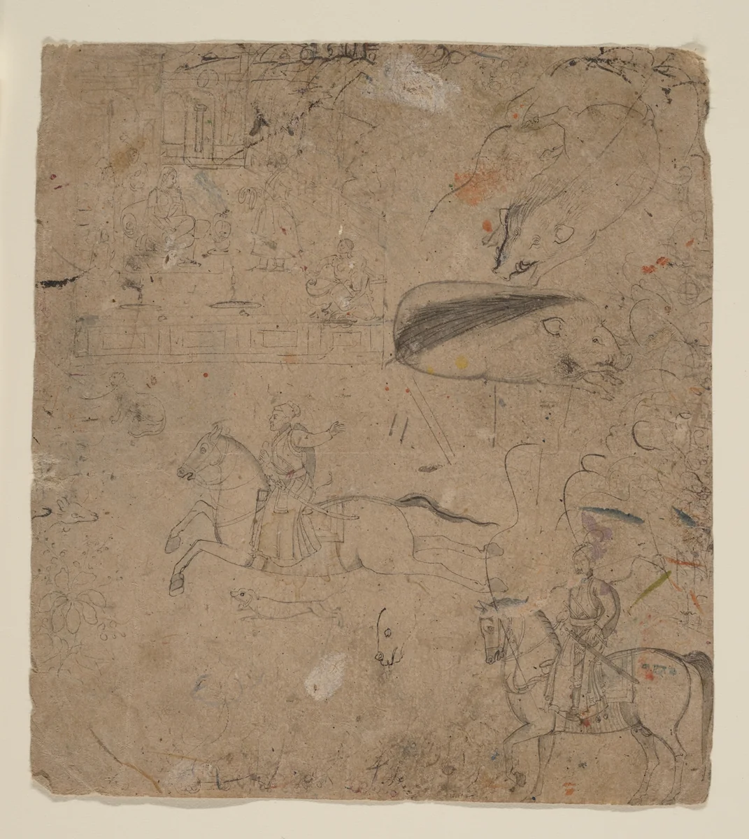 Page from a Sketchbook Showing Rulers on Horseback, Boars, and a Palace Scene by Pandit Seu, painting, 1767-1799