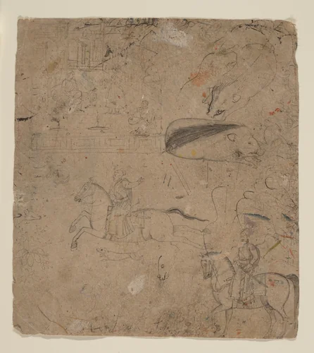 Page from a Sketchbook Showing Rulers on Horseback, Boars, and a Palace Scene by Pandit Seu, painting, 1767-1799