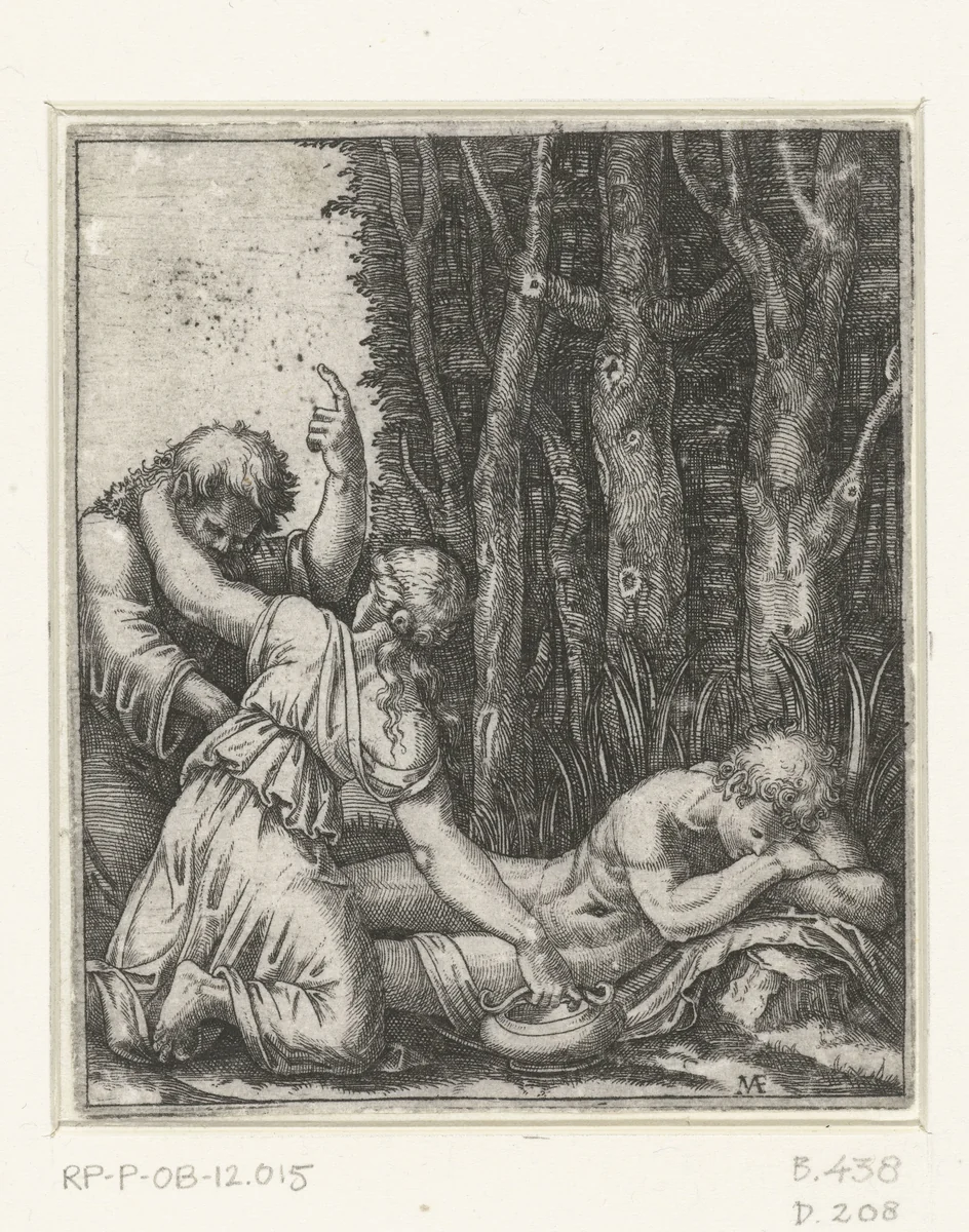 Man en jonge vrouw bij slapende naakte man voor bosrand by Unknown, print, 1510-1527