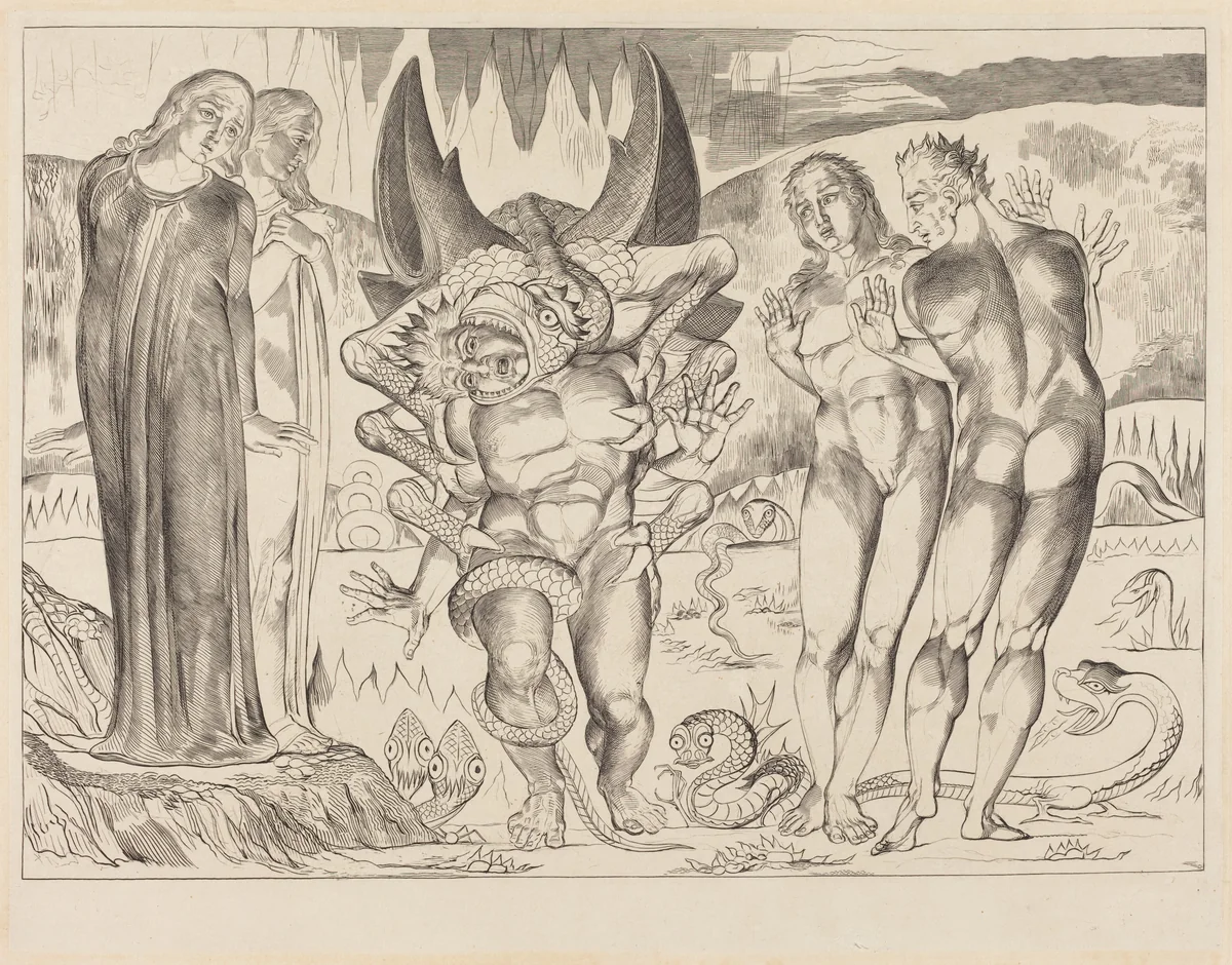 The Circle of the Thieves; Agnolo Brunelleschi Attacked by a Six-Footed Serpent by William Blake, print, 1827