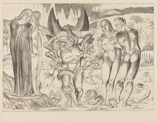 The Circle of the Thieves; Agnolo Brunelleschi Attacked by a Six-Footed Serpent by William Blake, print, 1827