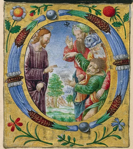 Cutting from a Missal: Initial O with Christ Performing an Exorcism by Matteo da Milano, manuscript, 1515-1525