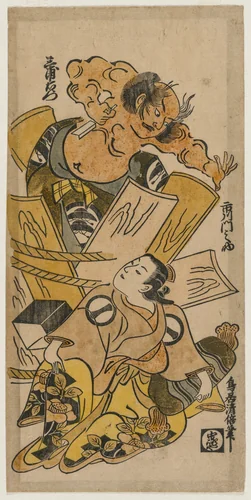 Ichikawa Monnosuke as a Courtesan and Nakajima Mioemon Bursting Out of a Barrel by Torii Kiyomasu, print, 1720-1724