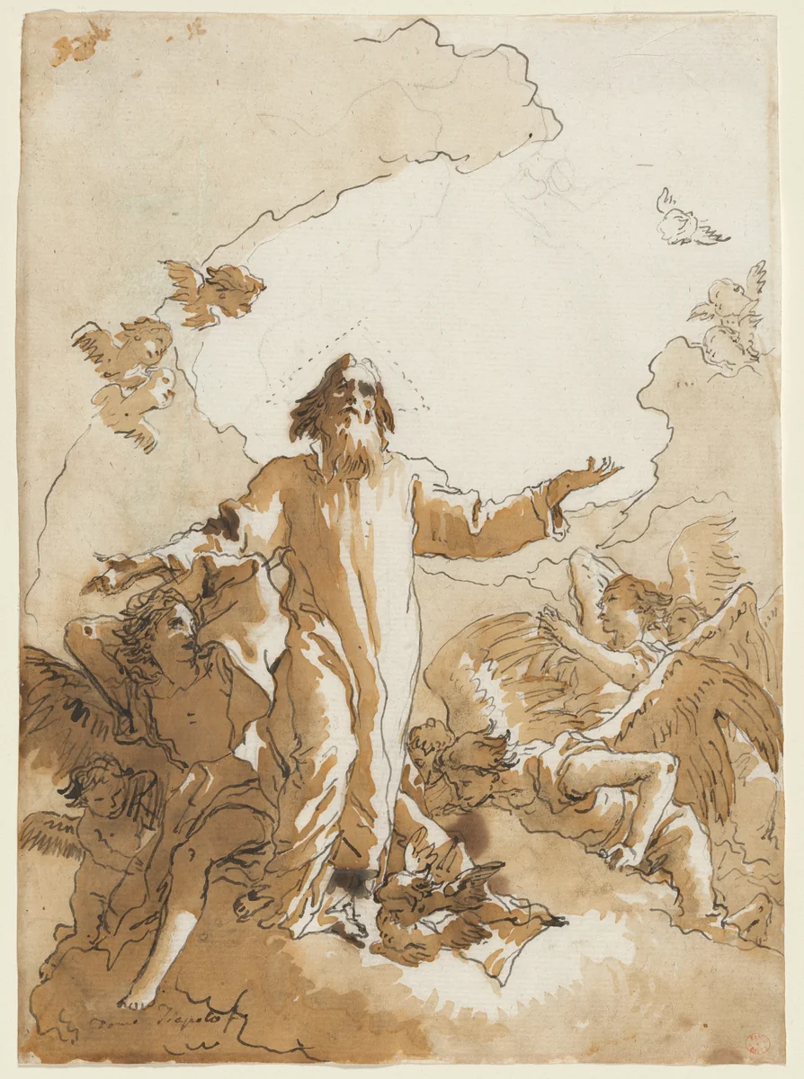 God the Father Standing in Clouds Surrounded by Angels and Putti by Giovanni Domenico Tiepolo, drawing, 1770-1780