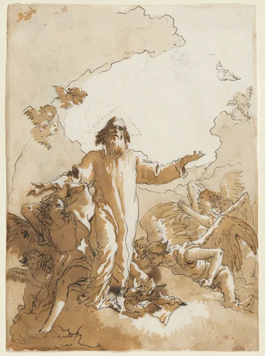 God the Father Standing in Clouds Surrounded by Angels and Putti by Giovanni Domenico Tiepolo, drawing, 1770-1780