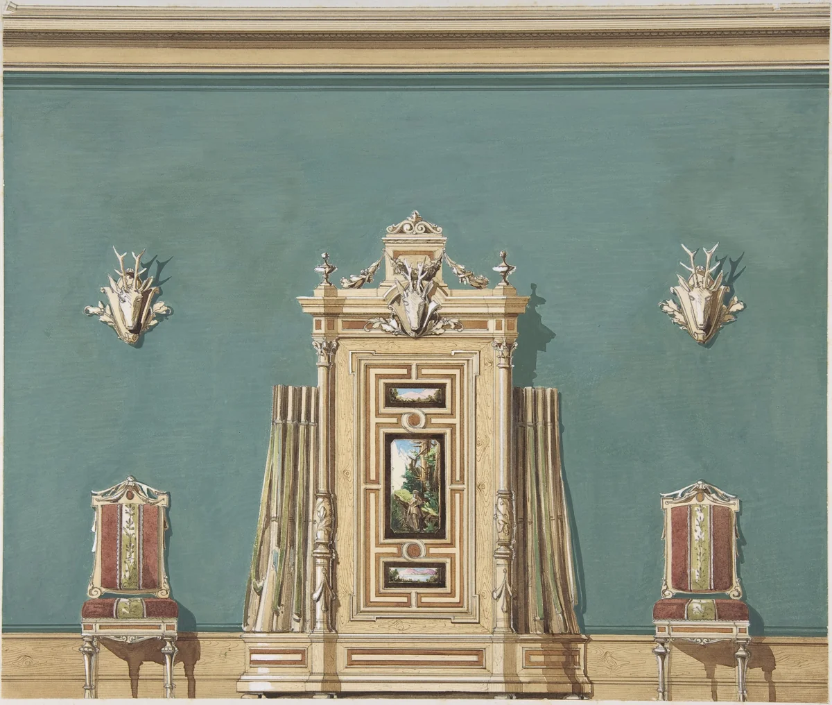 Interior Design witha Gun Cabinet and Two Chairs against a Green Wall Adorned with Trophies by anonymous, drawing, 1880-1900