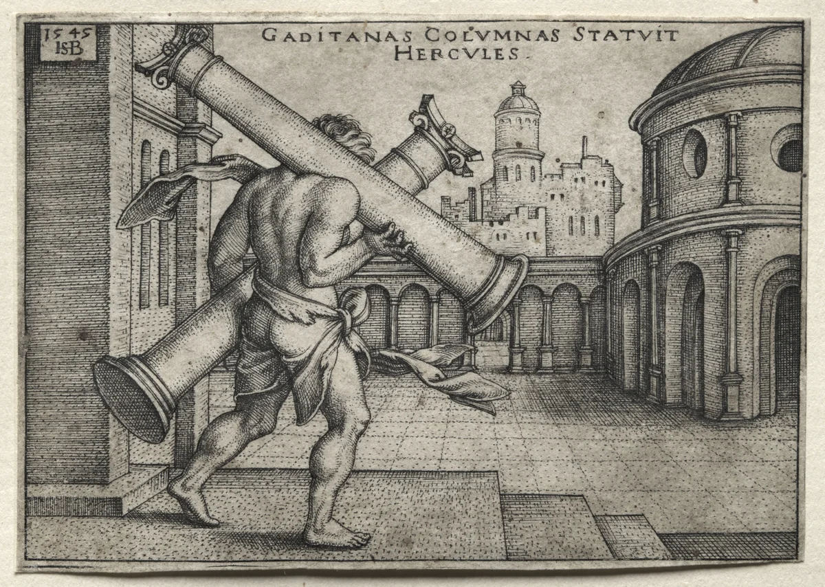 The Labors of Hercules: Hercules Carrying the Columns of Gades by Hans Sebald Beham, print, 1545
