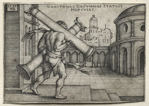 The Labors of Hercules: Hercules Carrying the Columns of Gades by Hans Sebald Beham, print, 1545