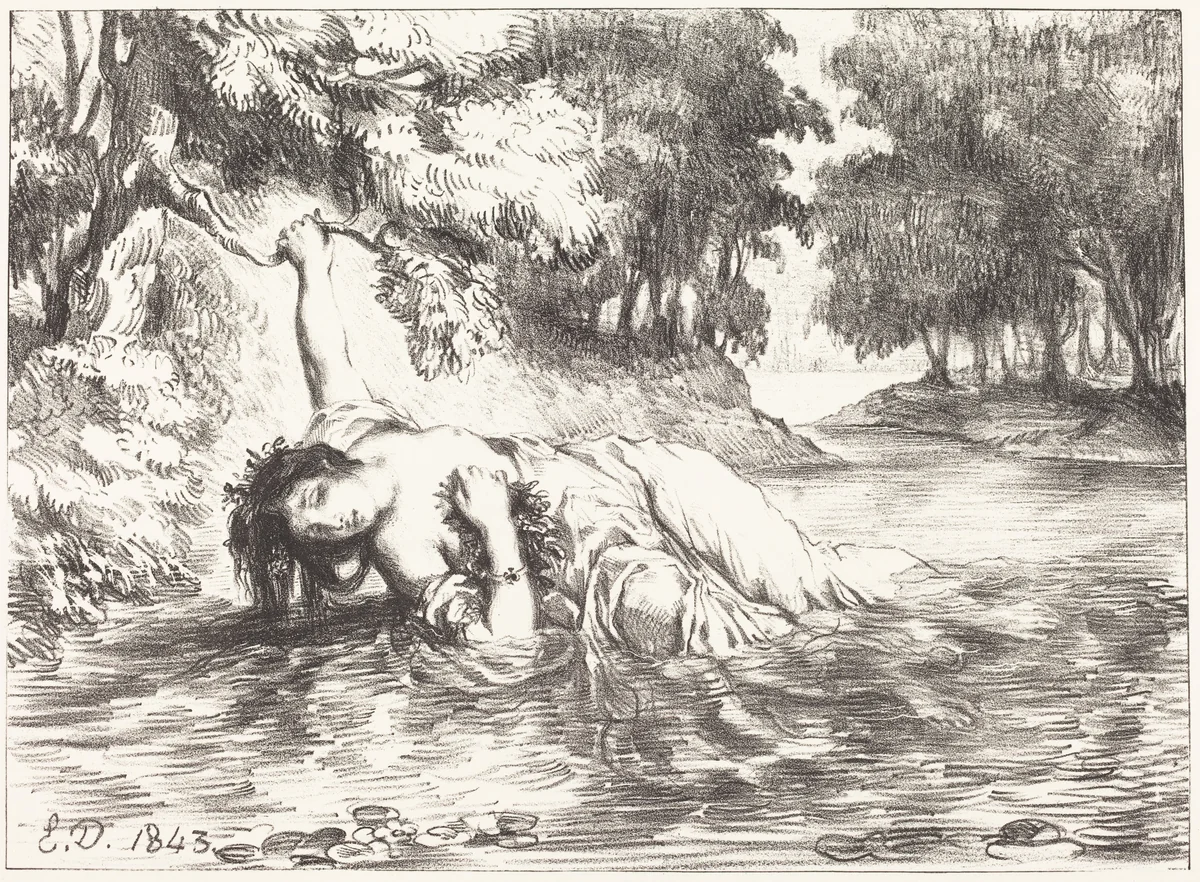 The Death of Ophelia (Act IV, Scene VII) by Eugène Delacroix, print, 1843